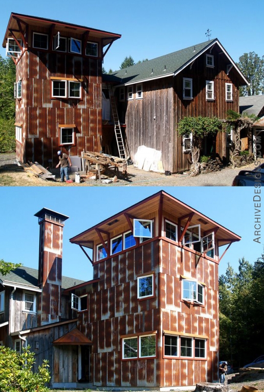 Outside views of tower, nearing completion of construction