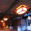 Greene & Greene-inspired copper lanterns, with art glass, for a home in Lake Oswego, Oregon.